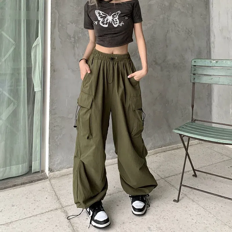 Women Y2K Cargo Pants Solid Low Waist Sweatpants Drawstring Wide Leg Baggy Trousers 2023 Summer Streetwear Punk Casual Tech Pant