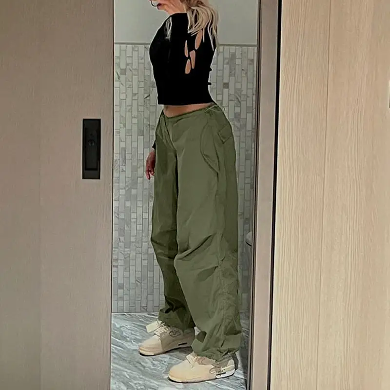 Women Y2K Cargo Pants Solid Low Waist Sweatpants Drawstring Wide Leg Baggy Trousers 2023 Summer Streetwear Punk Casual Tech Pant