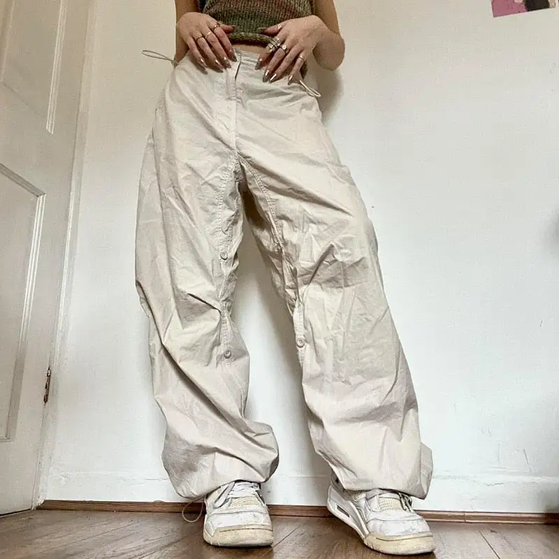 Women Y2K Cargo Pants Solid Low Waist Sweatpants Drawstring Wide Leg Baggy Trousers 2023 Summer Streetwear Punk Casual Tech Pant