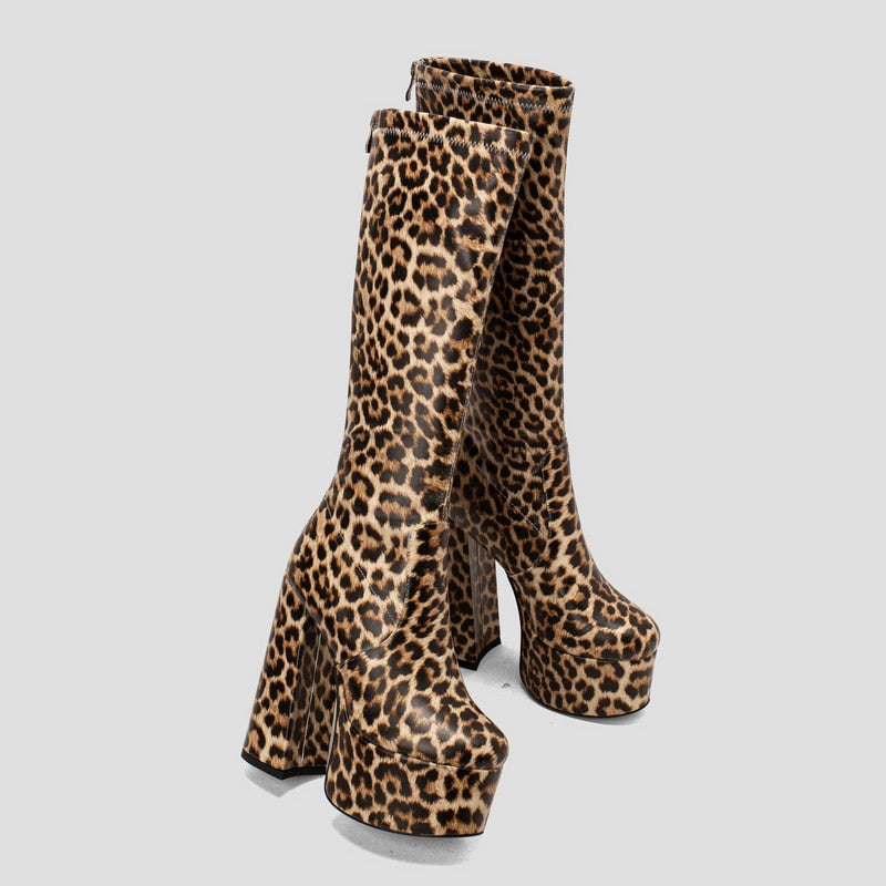 Women's Black Beige Leopard Western Style Thick High Heel Knee Boots