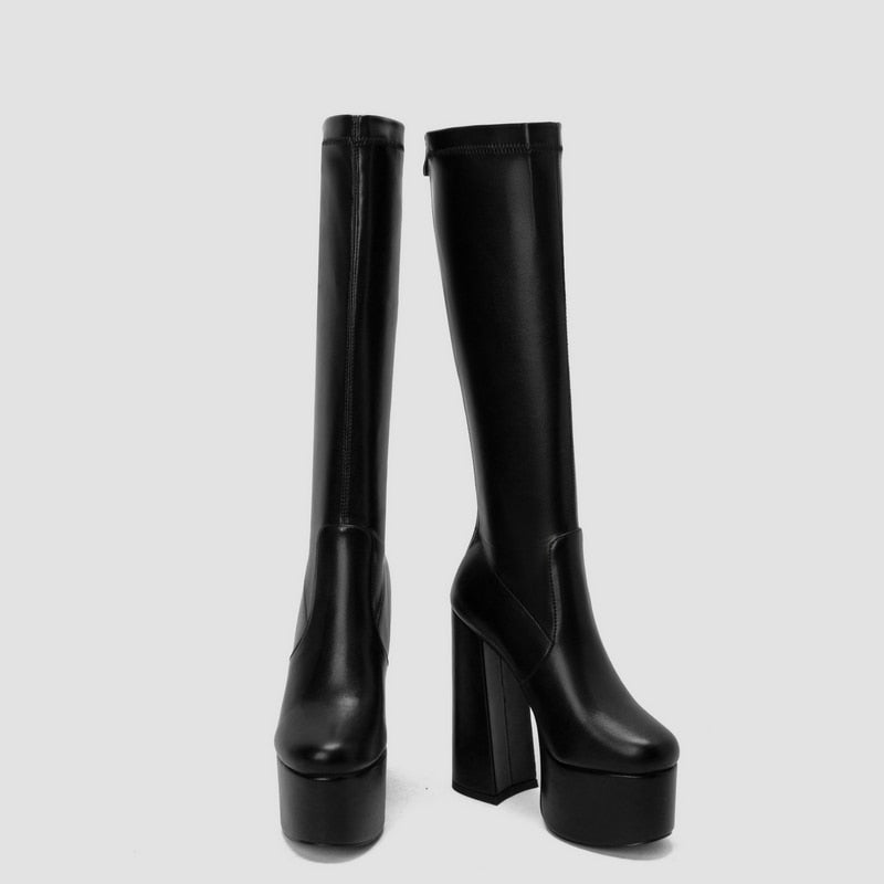 Women's Black Beige Leopard Western Style Thick High Heel Knee Boots