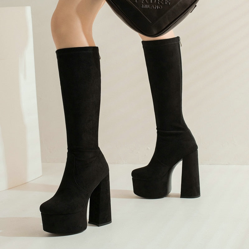 Women's Fashion Sexy Western Style Stretch Thick High Heel Boots