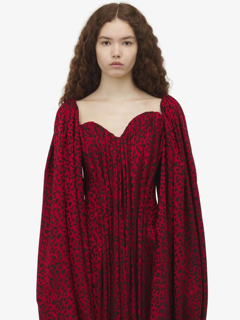 Women's Leopard Jacquard Single-sleeve Dress in Red/black