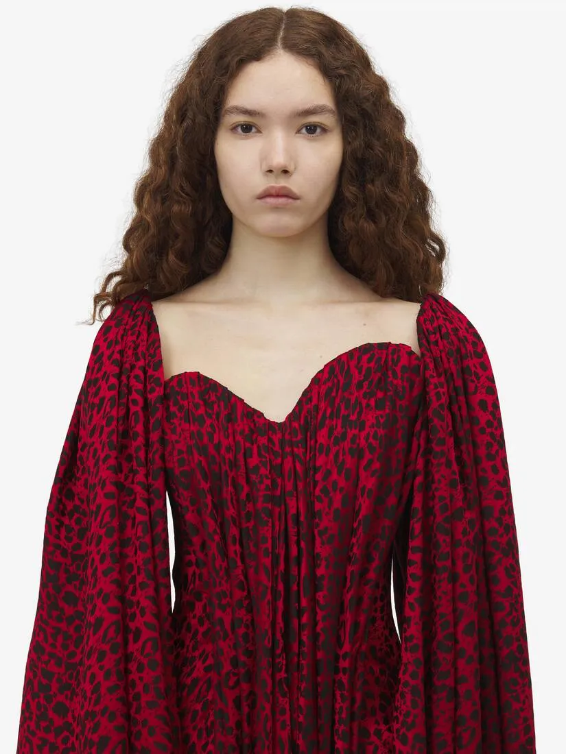 Women's Leopard Jacquard Single-sleeve Dress in Red/black