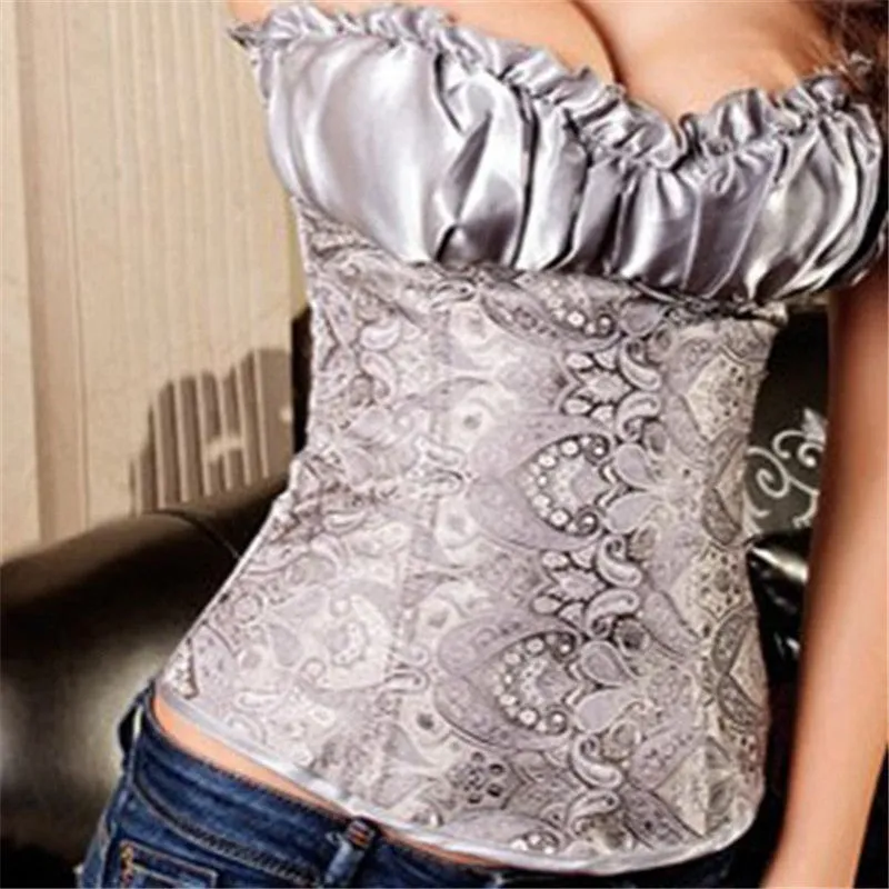 Womens Satin Lace Up Boned Floral Waist Body Shaper Corset Lingerie Bustier Slimming Underwear Shapewear TopsSM6