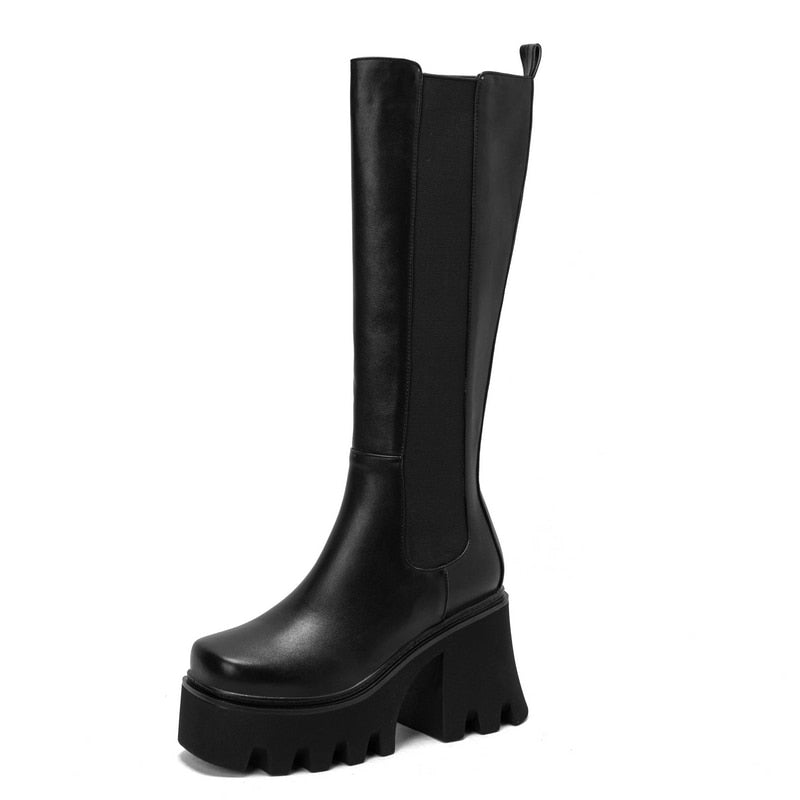 Women's Winter Black Thick Bottom Zipper Square High Heel Boots