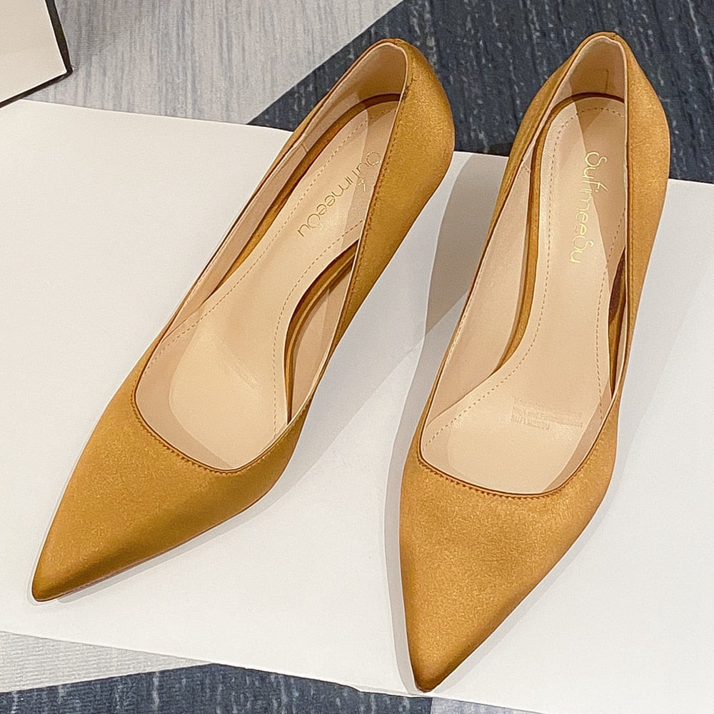 Yellow Silk Satin Thin High Heels Stiletto Bride Pumps