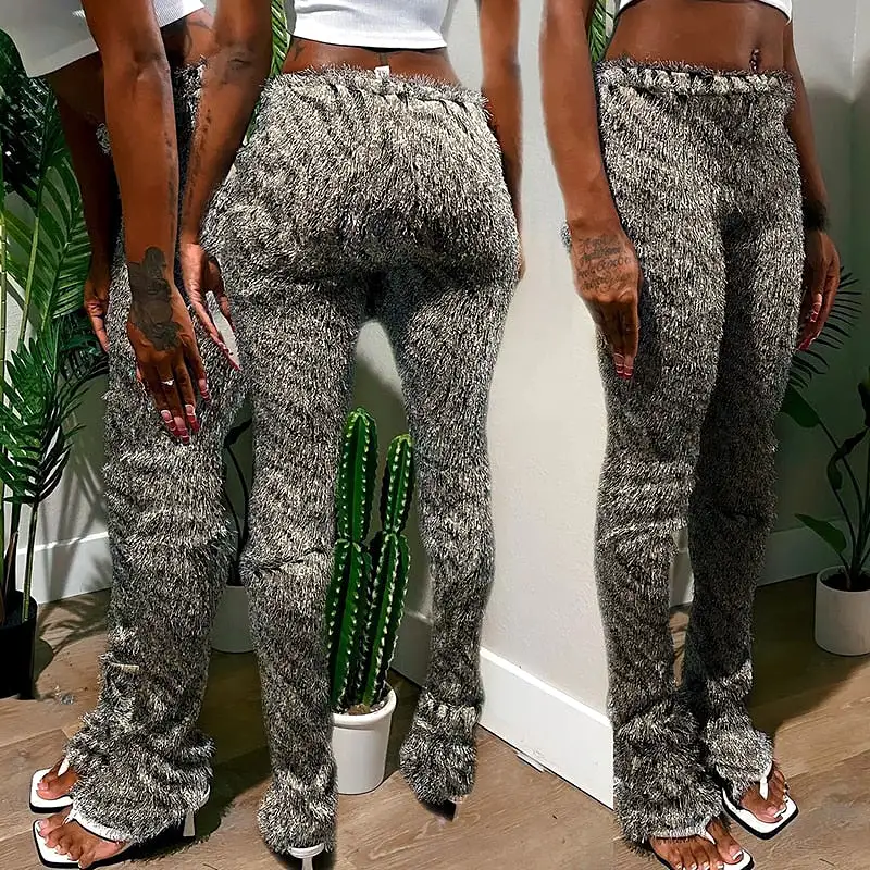 Zebra Striped Knitted Furry High Waist Pants for Women Bottoms Streetwear Fall Winter Fashion Sexy Trousers YJ22454MH