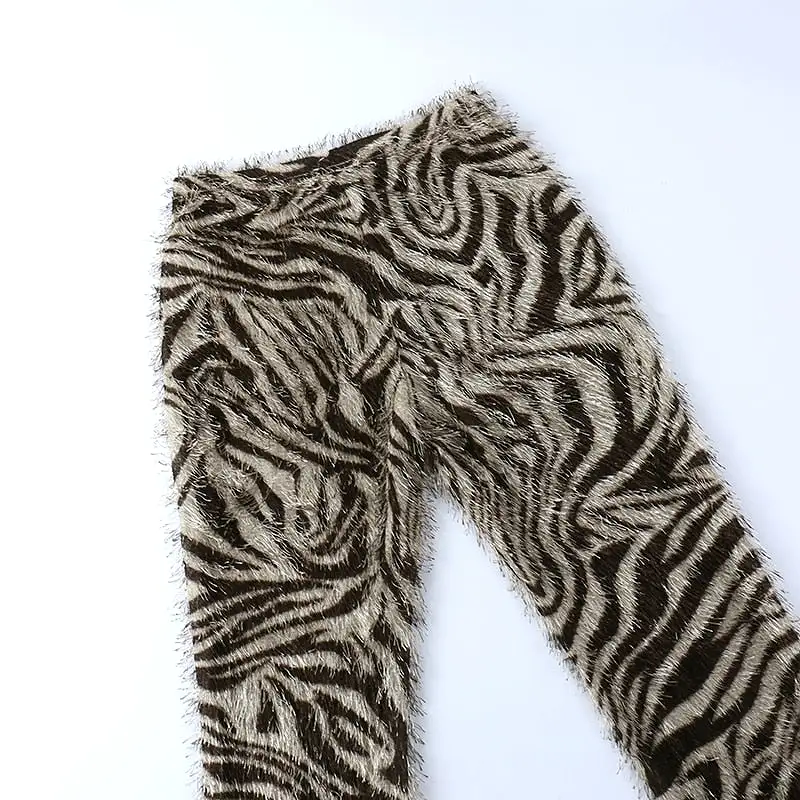 Zebra Striped Knitted Furry High Waist Pants for Women Bottoms Streetwear Fall Winter Fashion Sexy Trousers YJ22454MH